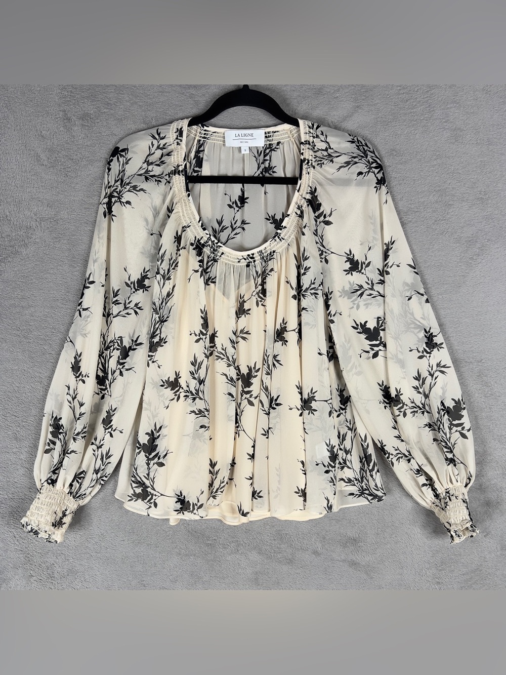 La Ligne 100% Silk Floral Print Long Sleeve Blouse Womens Small Cream Cami Liner